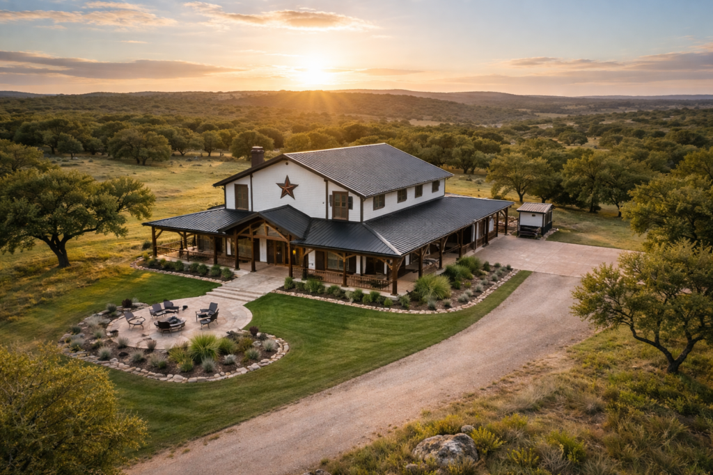 Aerial view of top texas barndo builders latest barndominium project on a texas landscape