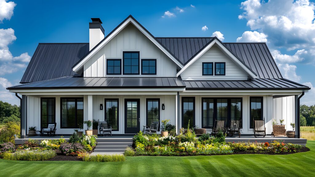Pre-construction planning allowed us to build this beautiful steel frame metal home in white with a black staining seam roof. 