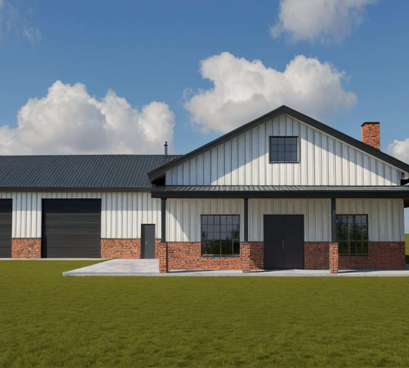 wo-story steel frame barndominium home with two bay garage built by Top Texas Barndo Builders.