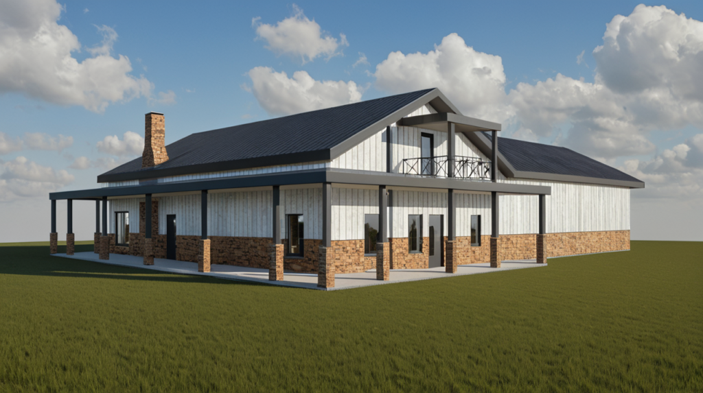 Two-story steel frame barndominium builders home with two bay garage, wrap around porch and balcony