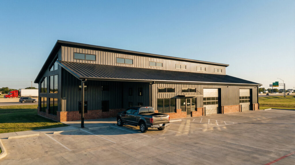 Pre-engineered metal buildings are popular commercial shops with attached office space