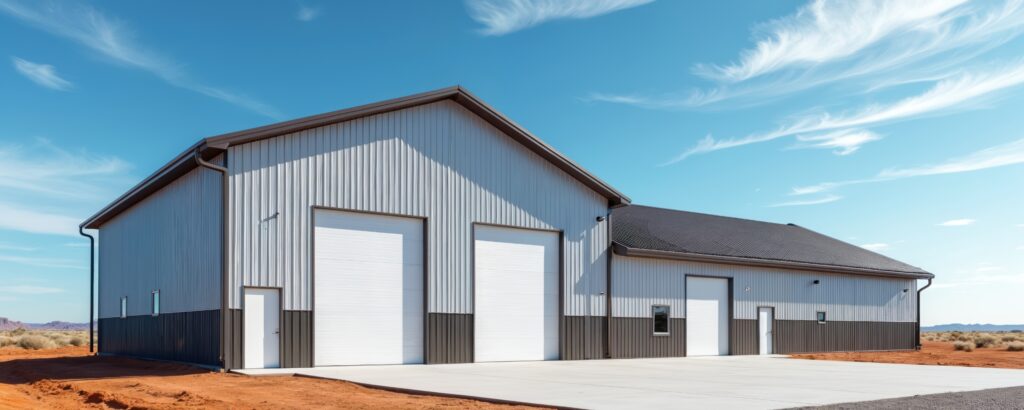 Modern 40x60 steel building with multiple garage doors against clear blue sky. Structure features corrugated siding, white overhead doors, dark trim. Offers spacious storage, workshop or industrial usage.