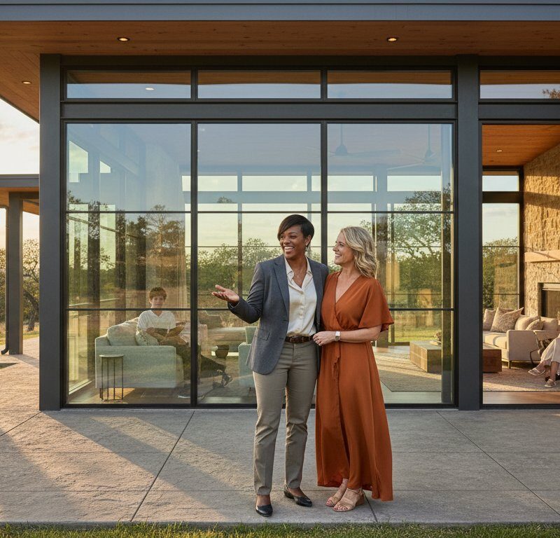 Friends on the covered patio of their metal house construction after completion, enjoying a glass of wine on the Texas veranda